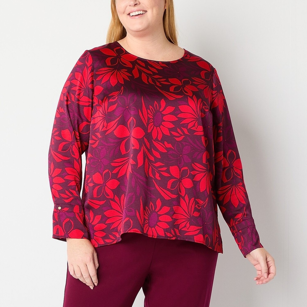 MSRP $54 Liz Claiborne Womens 2X Winetasting Floral Long Sleeve Blouse Round Nec